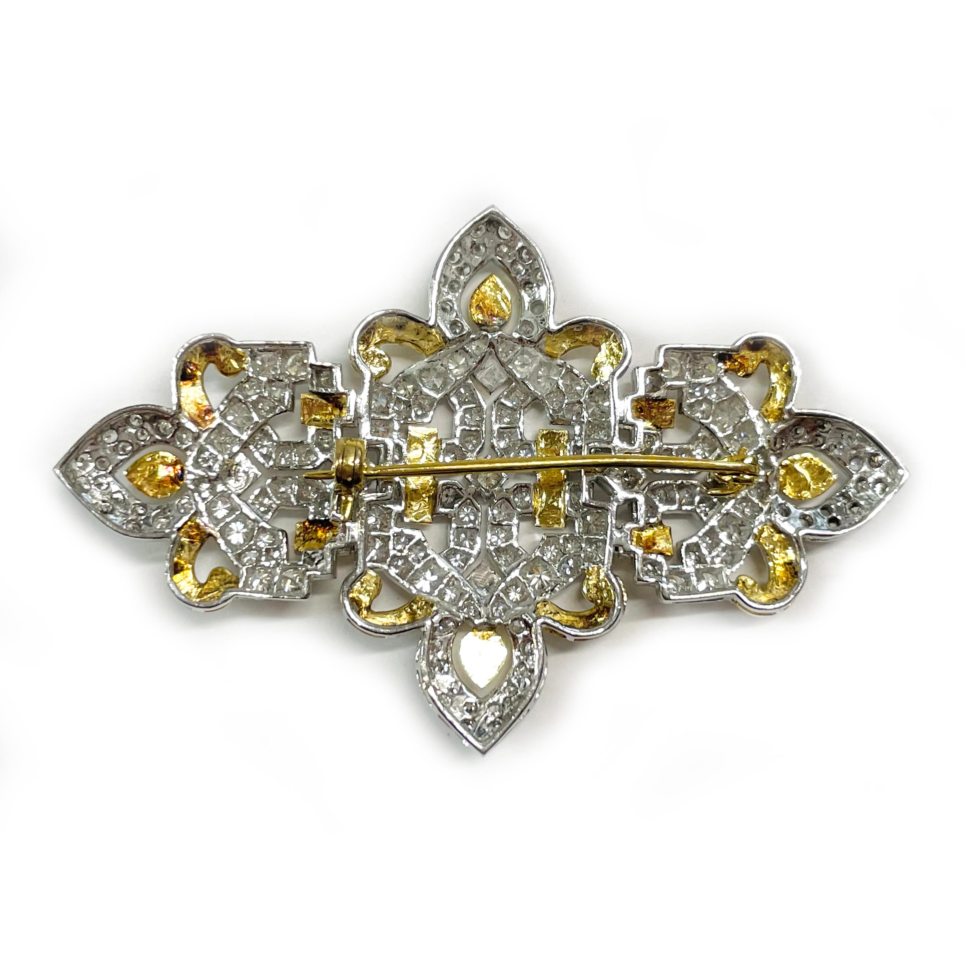 Round Cut Rose White Gold Ornate Diamond Brooch For Sale