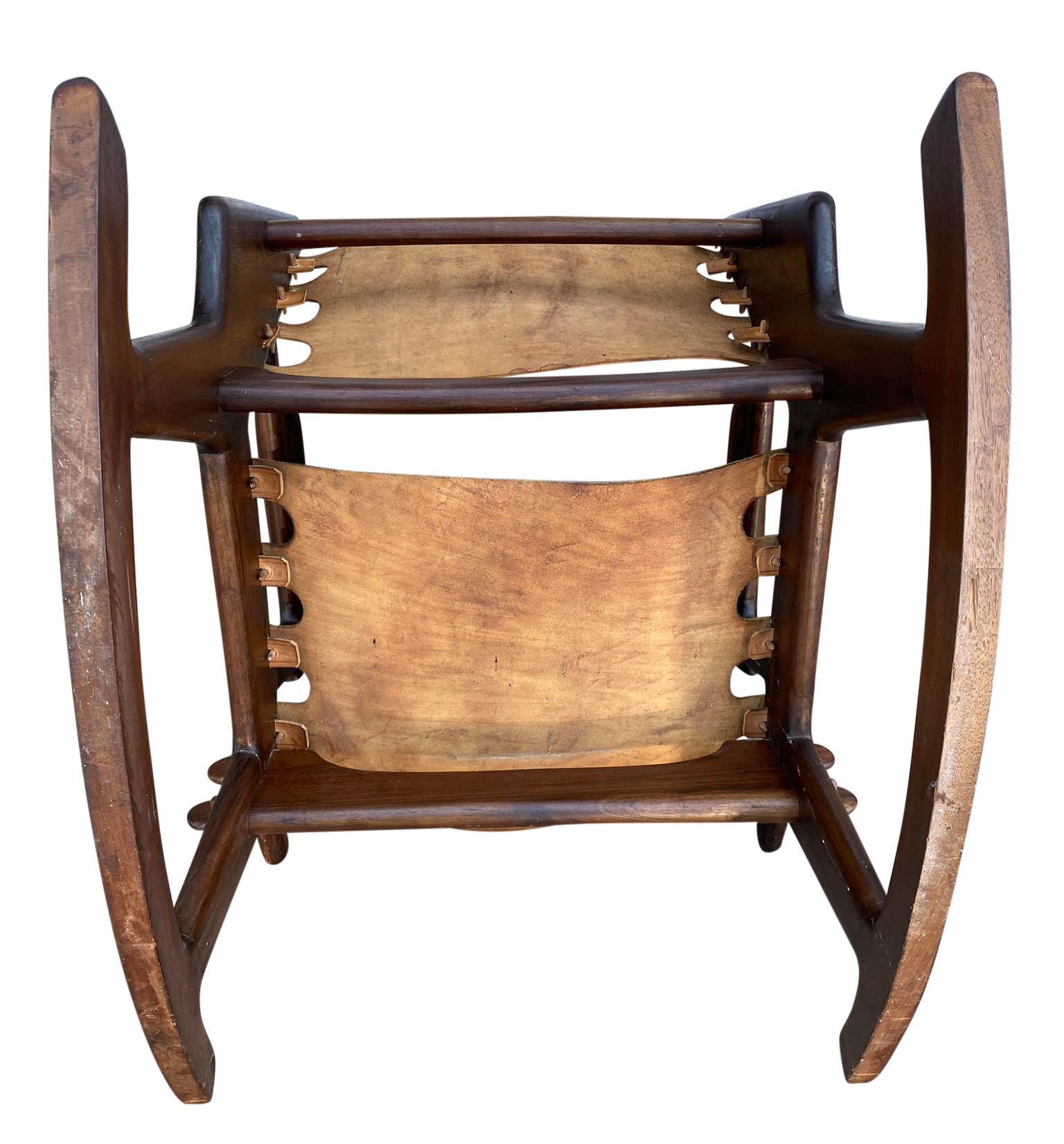 Leather Rose wood and leather sling rocking chair by Ecuadorian designer Angel Pazmino