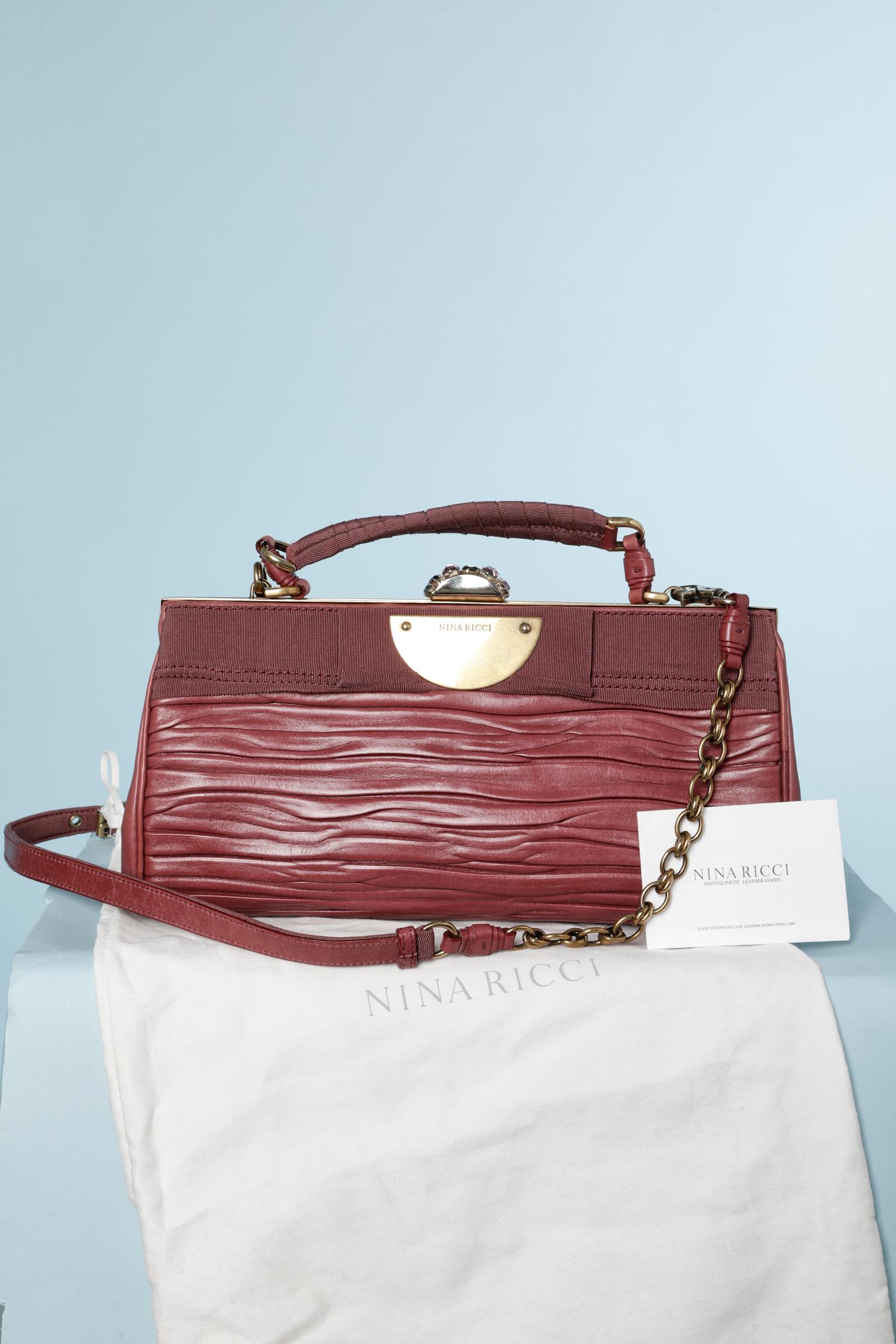 Rose wood color pleated leather and gros-grain shoulder bag Nina Ricci  In Excellent Condition For Sale In Saint-Ouen-Sur-Seine, FR
