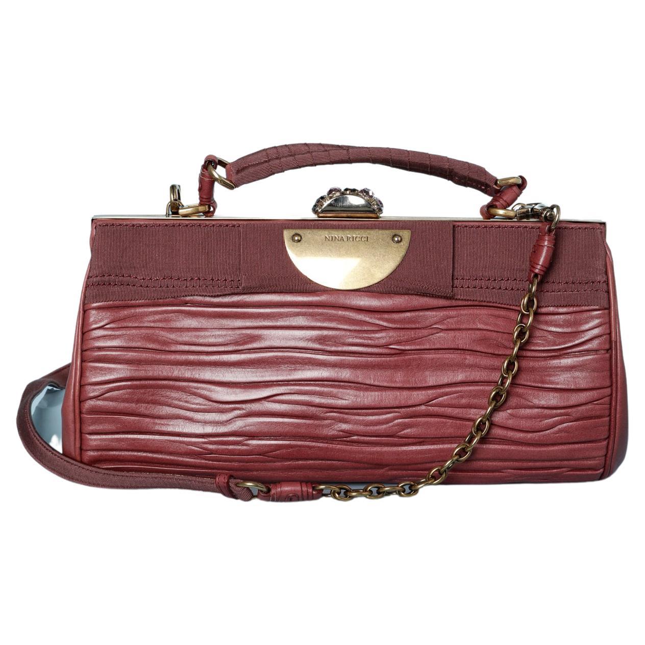 Rose wood color pleated leather and gros-grain shoulder bag Nina Ricci  For Sale
