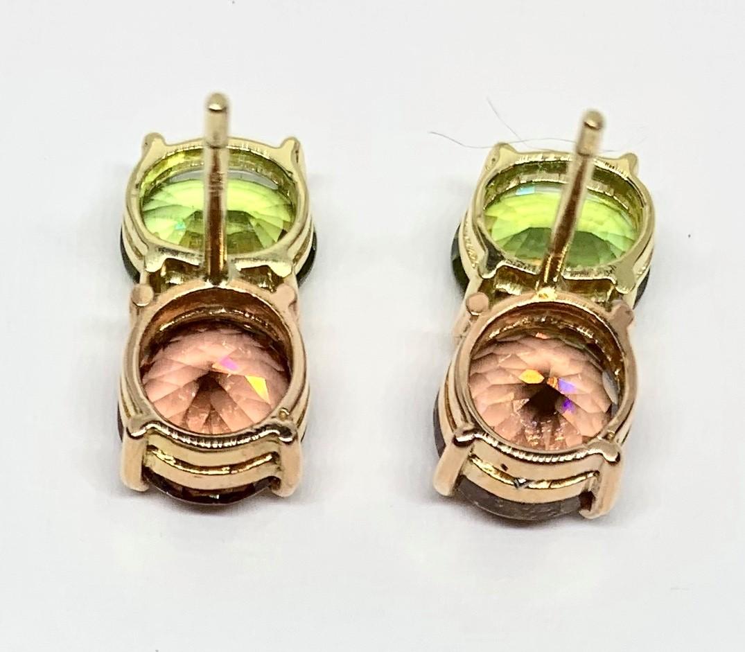 Round Cut Rose Zircon and Rare Green Sphene, 18k Yellow, Rose Gold Stud Post Drop Earrings