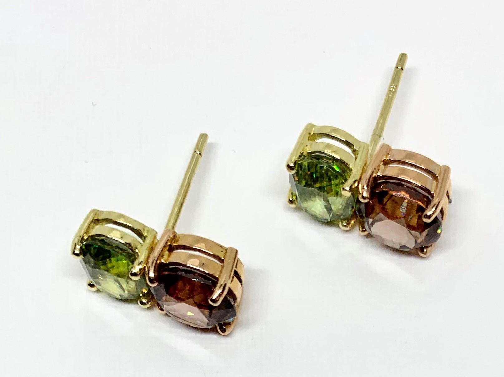 Rose Zircon and Rare Green Sphene, 18k Yellow, Rose Gold Stud Post Drop Earrings In New Condition In Los Angeles, CA