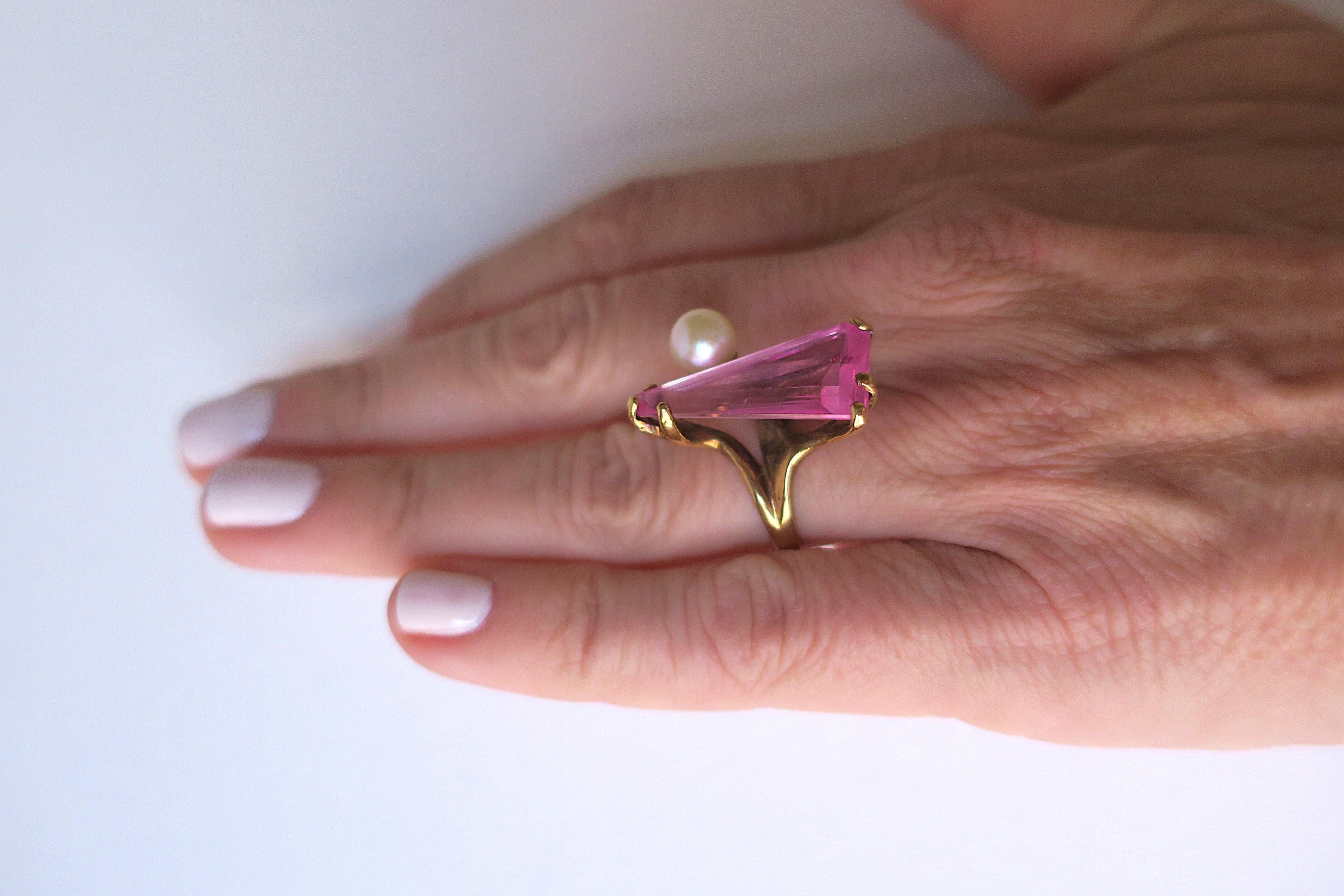Rose Zircon Pearl Gold Cocktail Ring For Sale 1