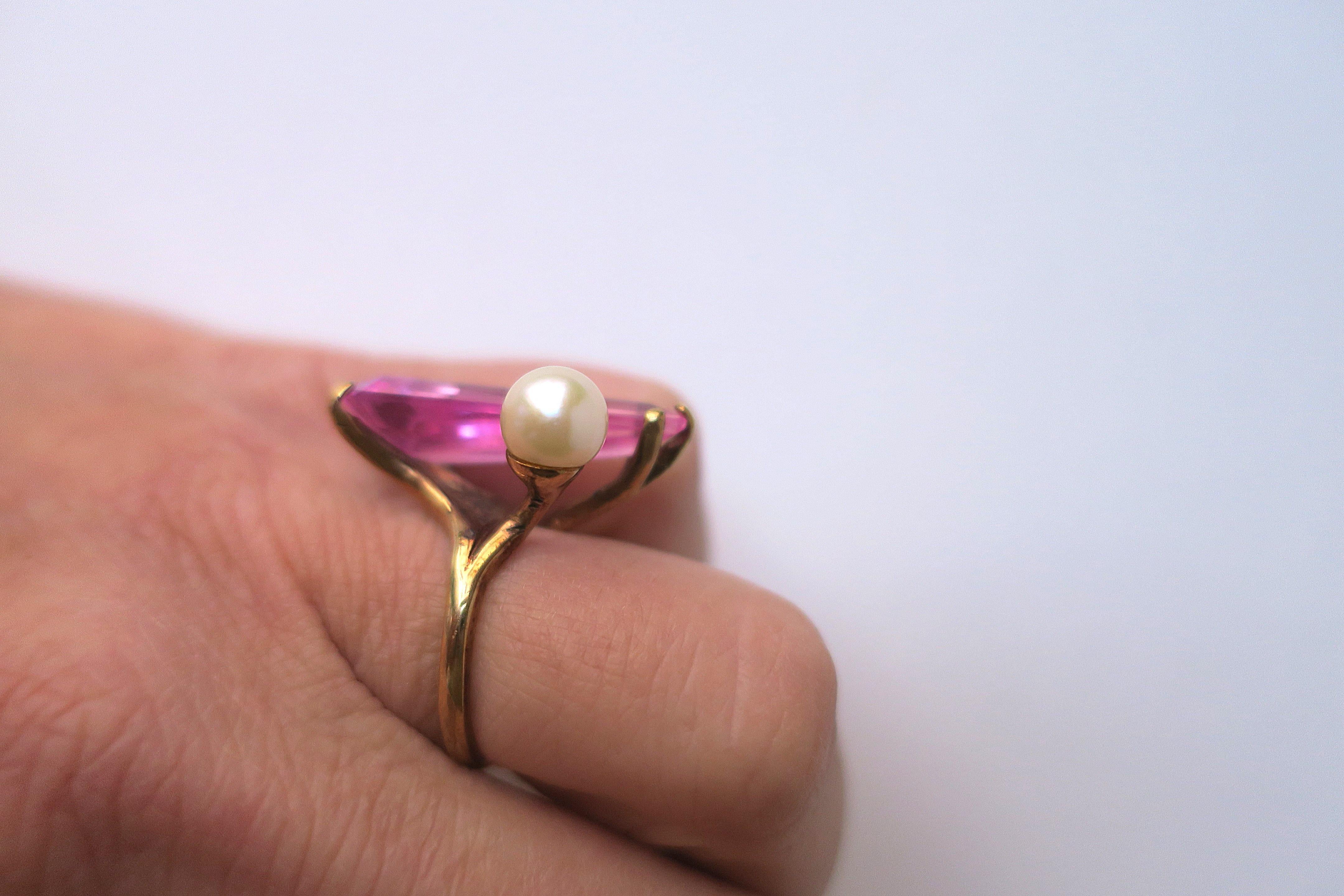 Rose Zircon Pearl Gold Cocktail Ring For Sale 2
