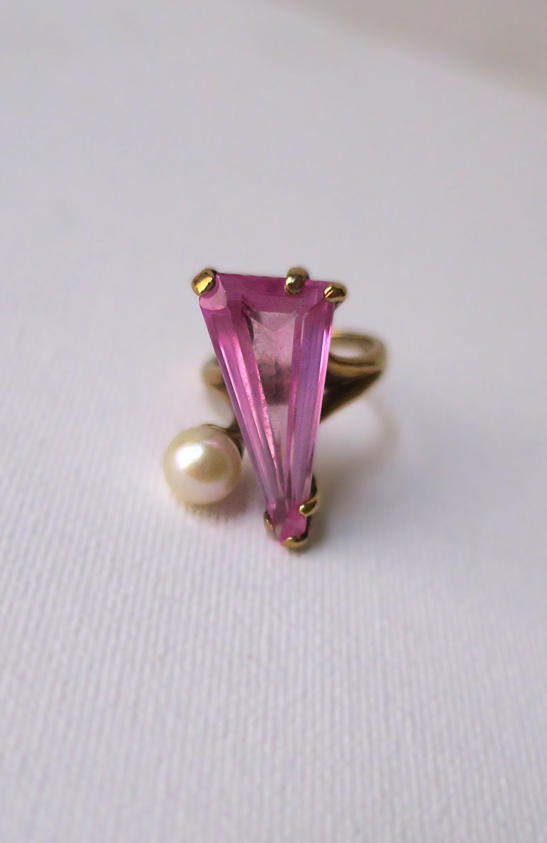 Rose Zircon Pearl Gold Cocktail Ring For Sale 3