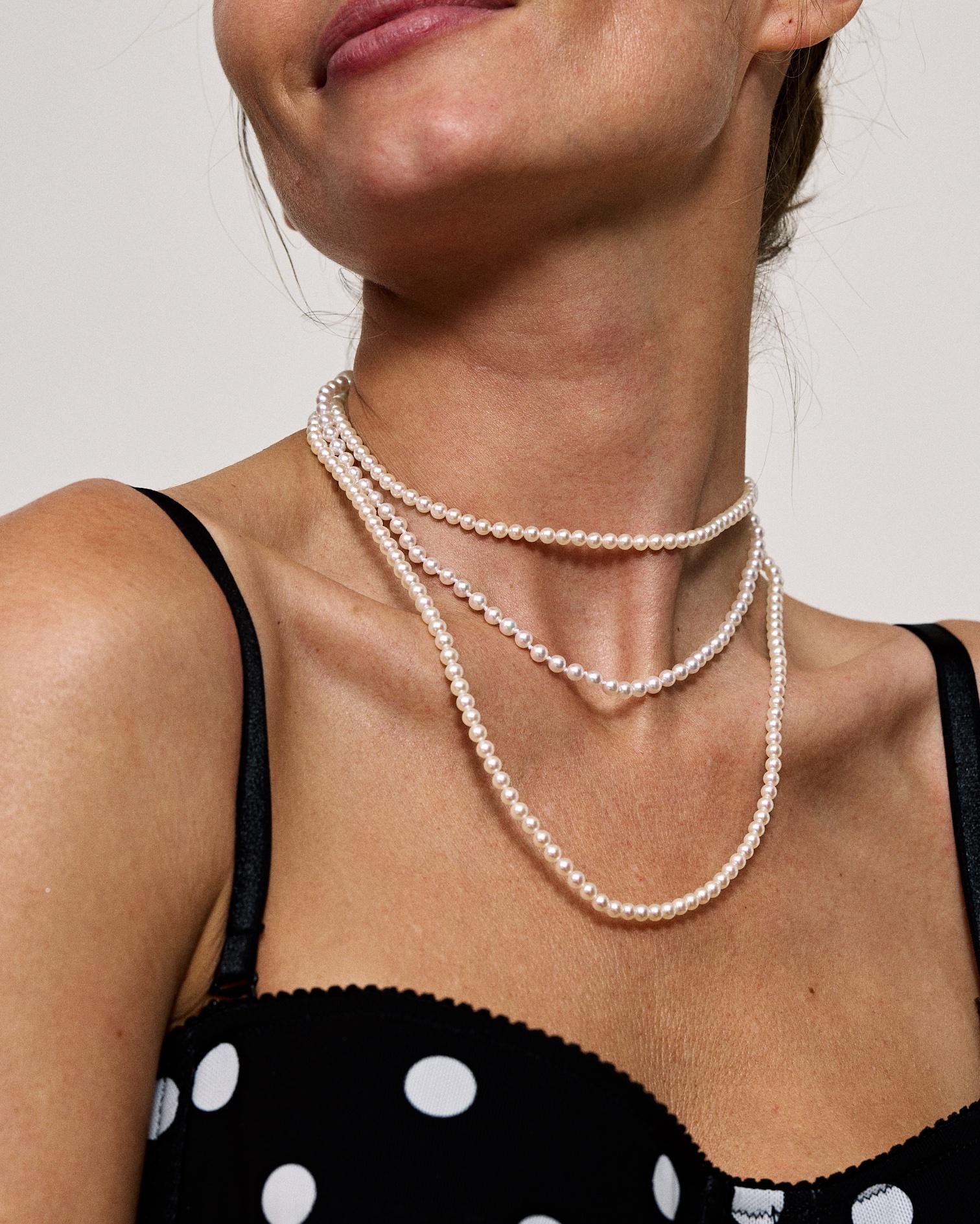 Round Cut Roseate Jewelry Akoya Mini 4.0-5.0mm White Pearl Strand 14k Yellow Gold Clasp For Sale