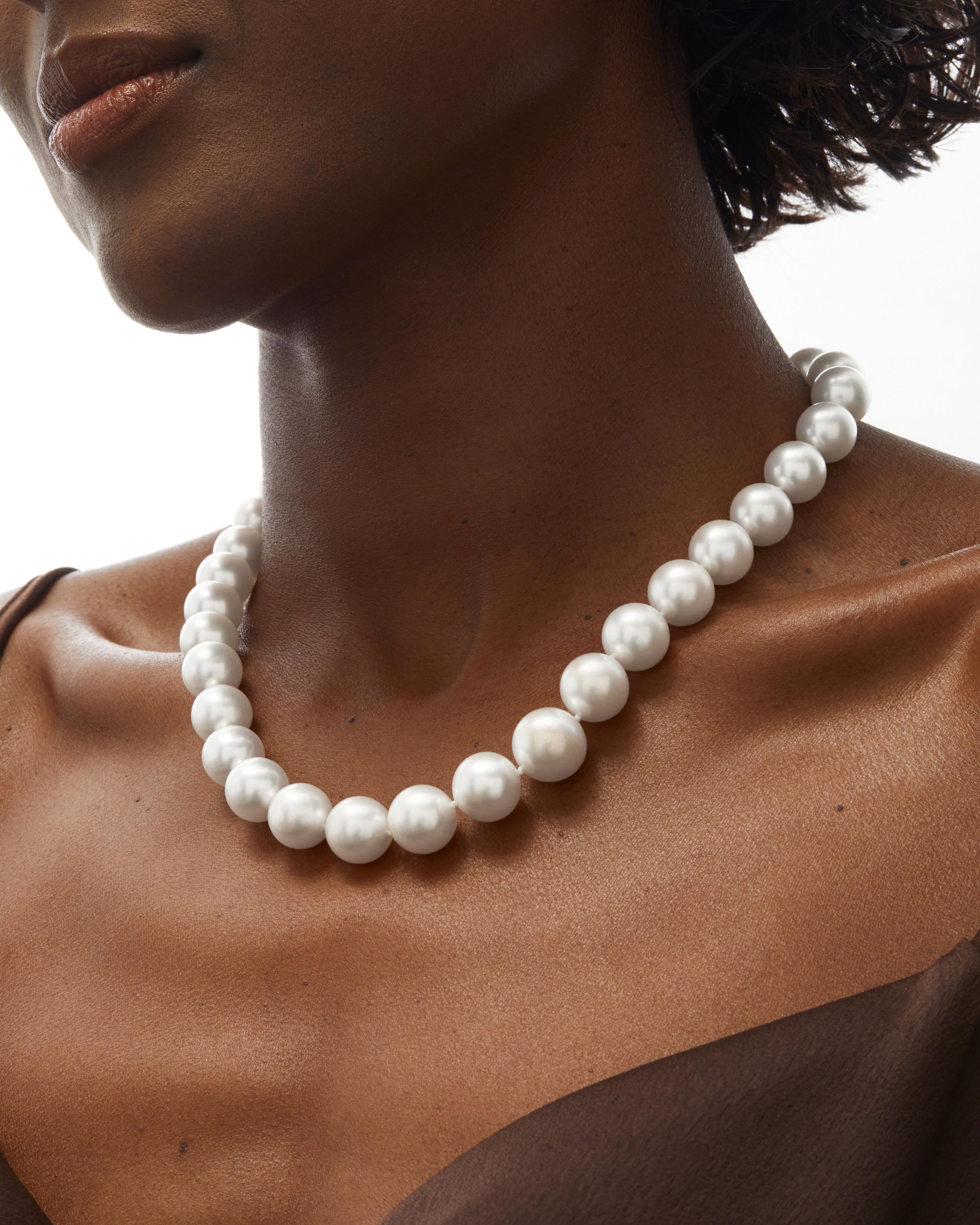 This beautiful Australian South Sea Pearl Strand has 33 White Round South Sea Pearls secured by the signature Roseate Unity clasp.  

The luminous South Sea pearls, sustainably harvested from the pristine waters off the coast of Australia, are