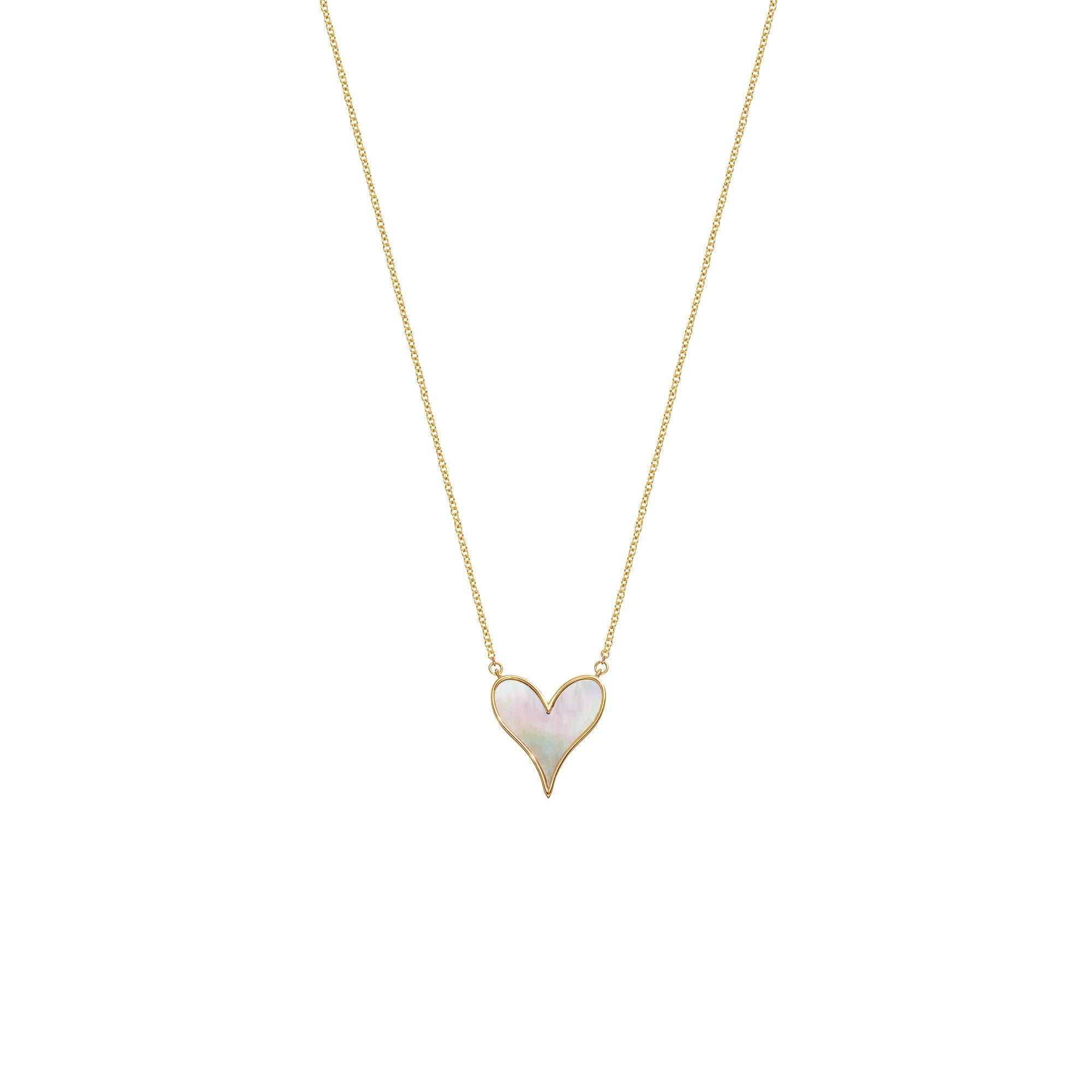 The perfect Heart Pendant. Roseate envisions a heart as twin water drops, joined in love and inlaid with carved mother-of-pearl. To give and wear as sentiment and style.

- 18k Yellow Gold
- White Mother-of-Pearl, 15mm
- Mother-of-Pearl responsibly