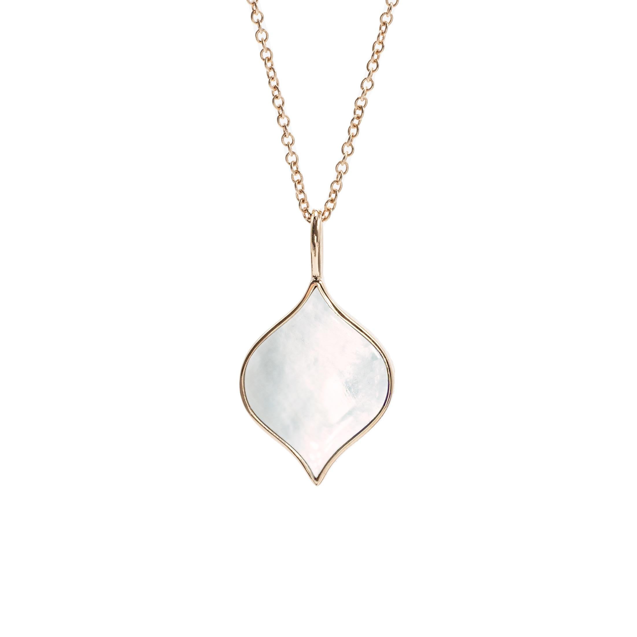 The Roseate Unity Pendant.  Roseate unity symbolizes the combination of water drops in an iconic emblem of optimism.

- 18k Rose Gold
- White Mother-of-Pearl, 16mm
- Mother-of-Pearl responsibly farmed in Western Australia
- 16-18 inch adjustable