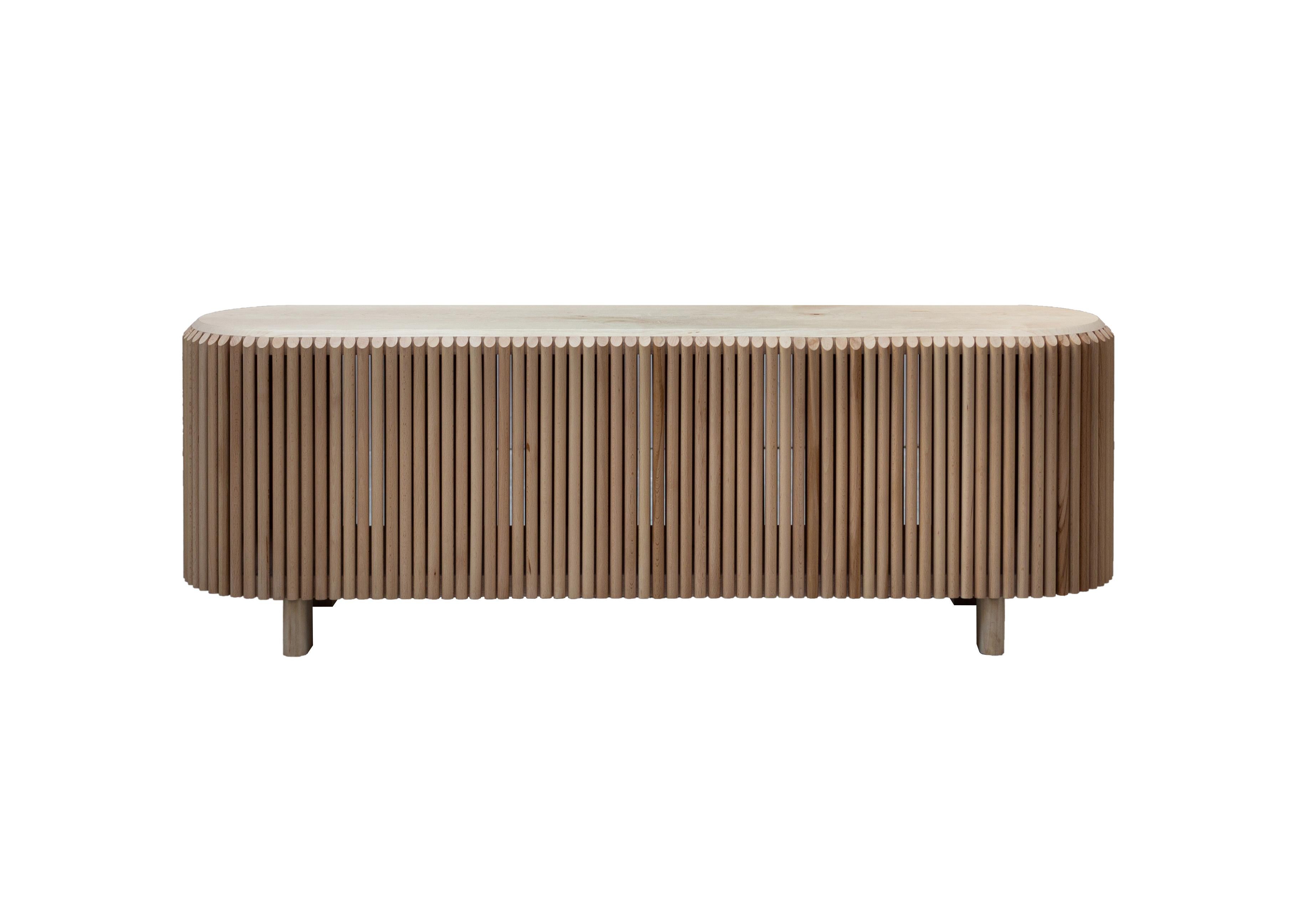 Roseaux bench by Alexandre Labruyère
Current Production
Dimensions: D 136 x W 36 x H 45 cm
Materials: Sycamore, beech / natural oil protection.

Like a curtain of reeds, the rhythm created by the beech stems lets the light filter through and