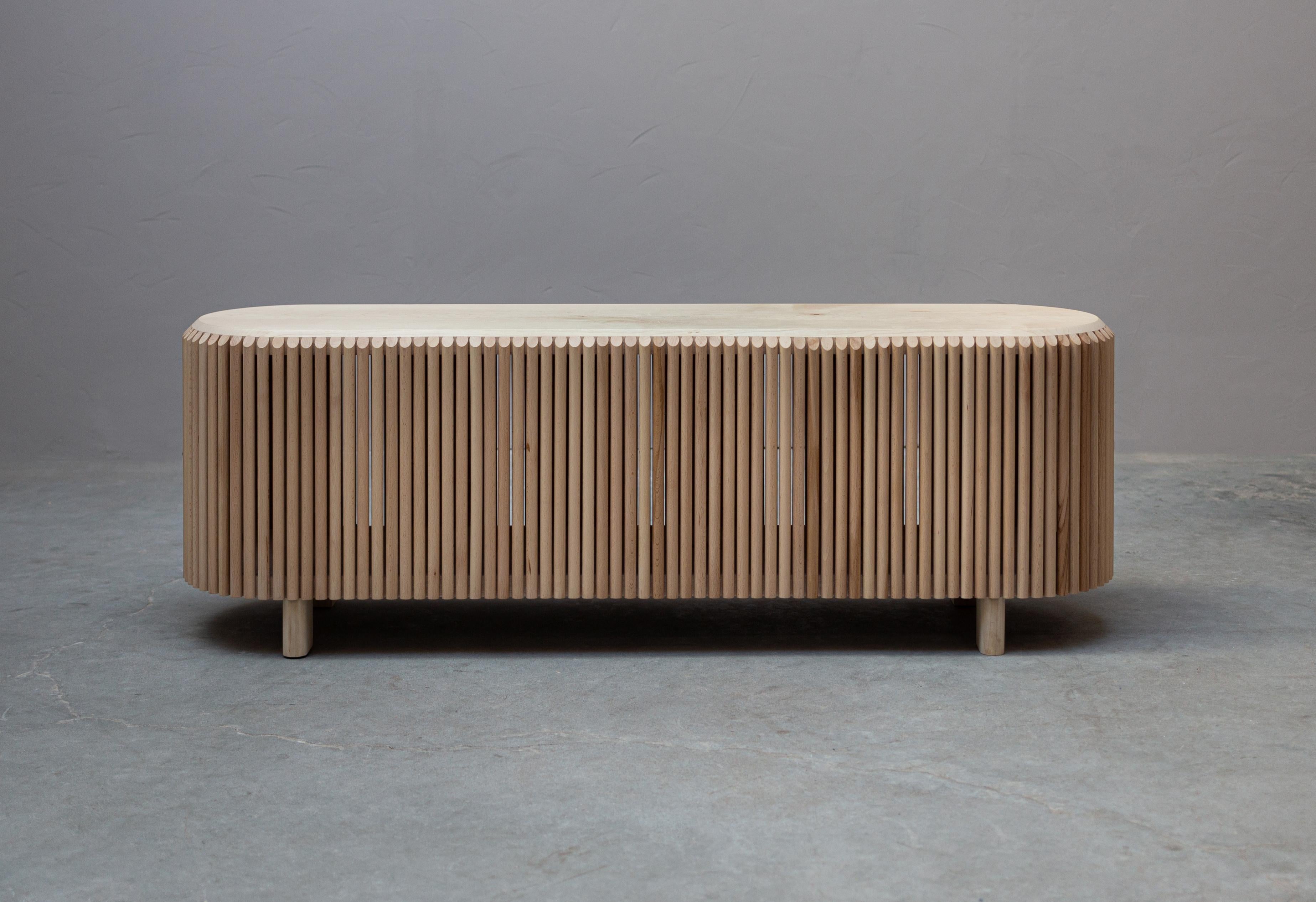 Roseaux bench by Alexandre Labruyère
Dimensions: W 136 x D 36 x H 45 cm
Materials: Sycamore, beech / natural oil protection.

Like a curtain of reeds, the rhythm created by the beech stems lets the light filter through and softens the rhythmic