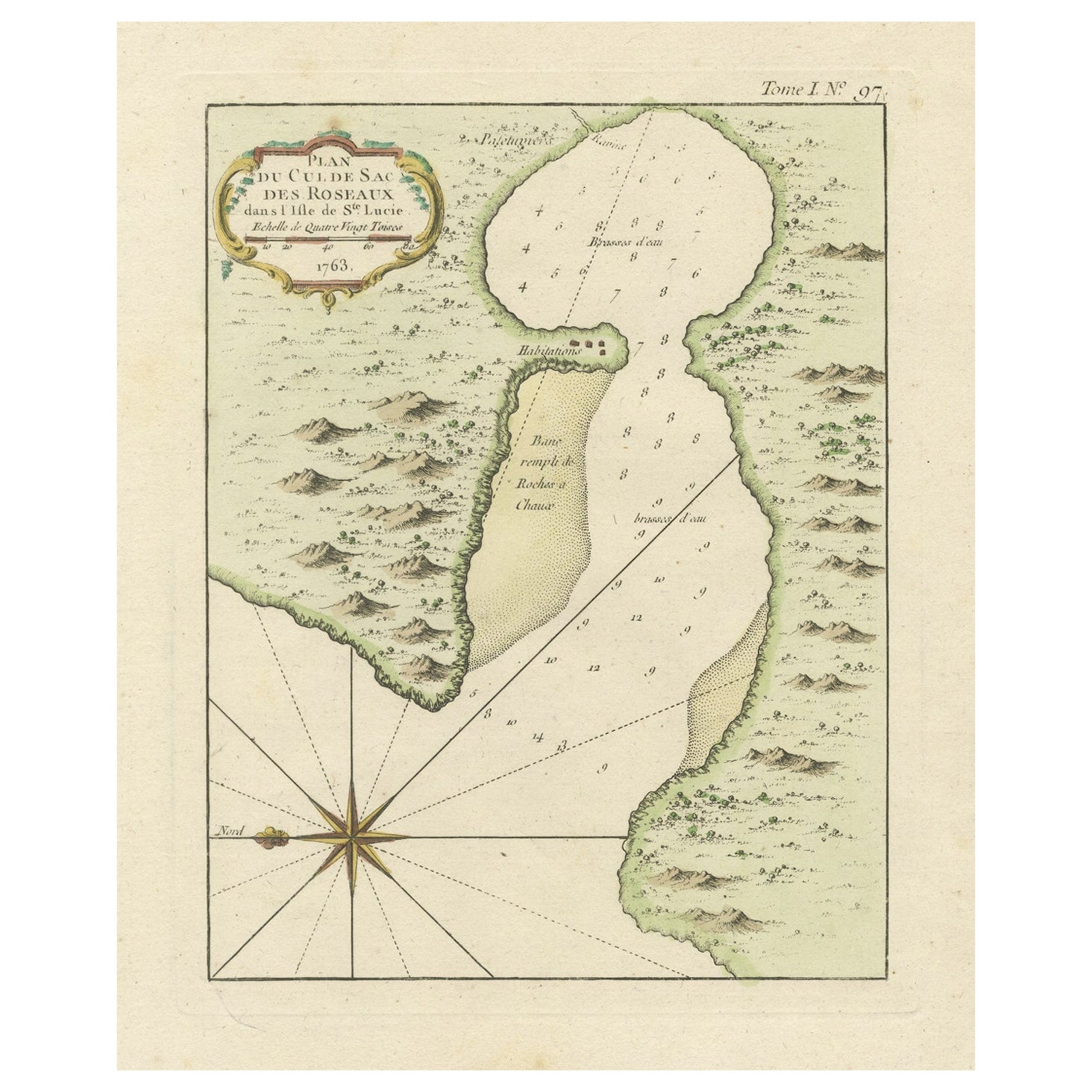 Roseaux, Mapa de la isla de Santa Lucía por BELLIN, Grabado coloreado a mano, 1763