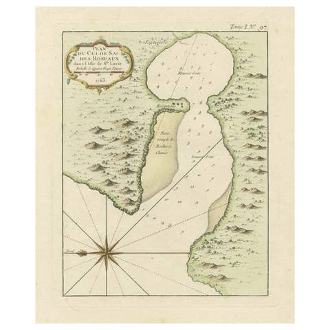 Roseaux, St. Lucia Island Map by Bellin, Handcolored Engraving, 1763