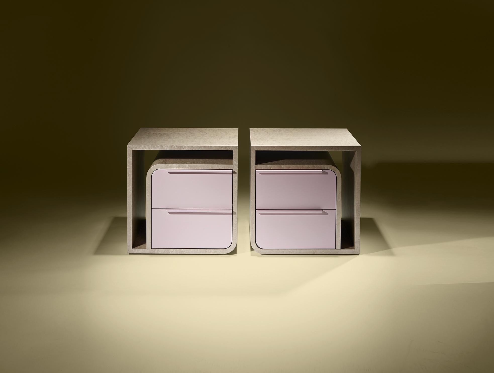 Contemporary lacquered bedside table with two drawers.

Bespoke / Customizable
Identical shapes with different sizes and finishings.
All RAL colors available. (Mate / Half Gloss / Gloss)