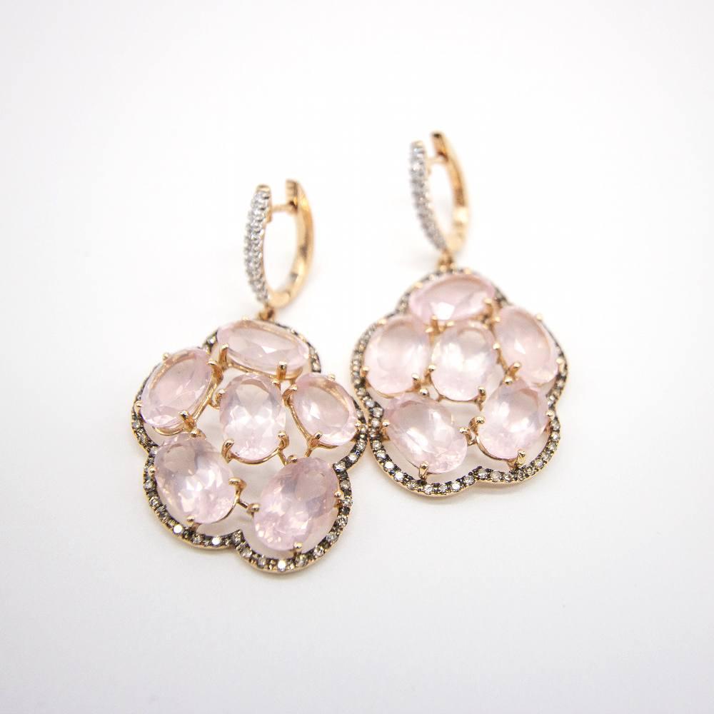 Brilliant Cut ROSEBUD Earrings in Rose Gold, Diamonds and Rose Quartz For Sale
