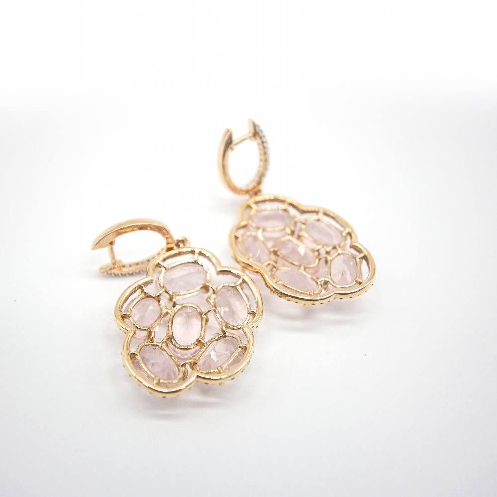 Women's ROSEBUD Earrings in Rose Gold, Diamonds and Rose Quartz For Sale