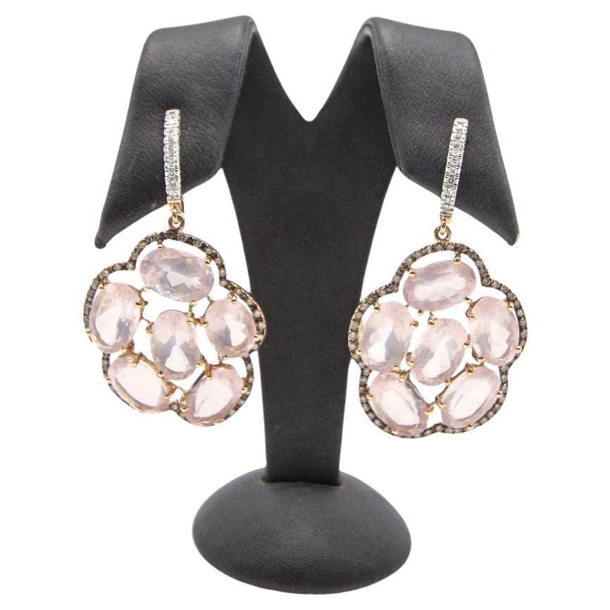 ROSEBUD Earrings in Rose Gold, Diamonds and Rose Quartz For Sale