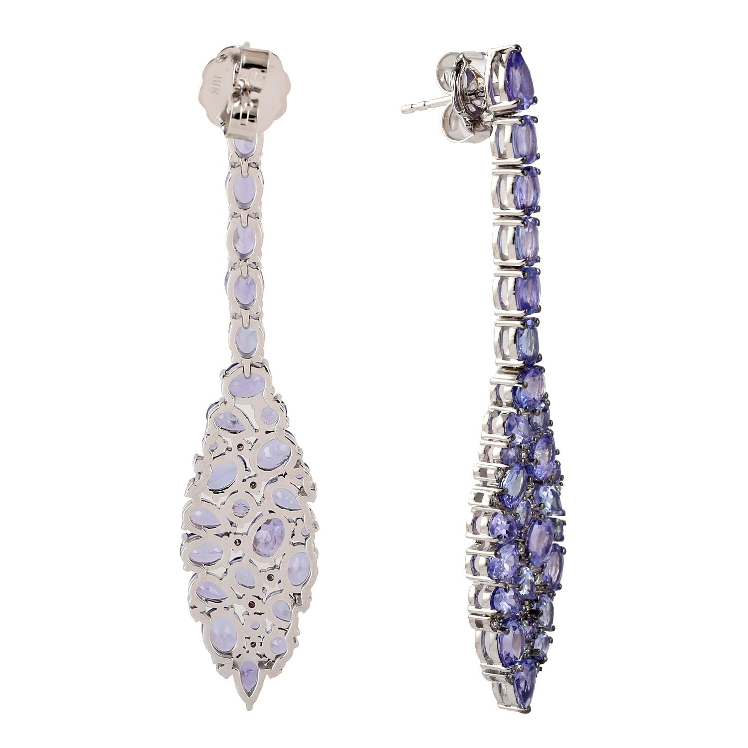 Artisan Rosebud Shaped Tanzanite Earrings with Diamonds Made in 18k White Gold For Sale