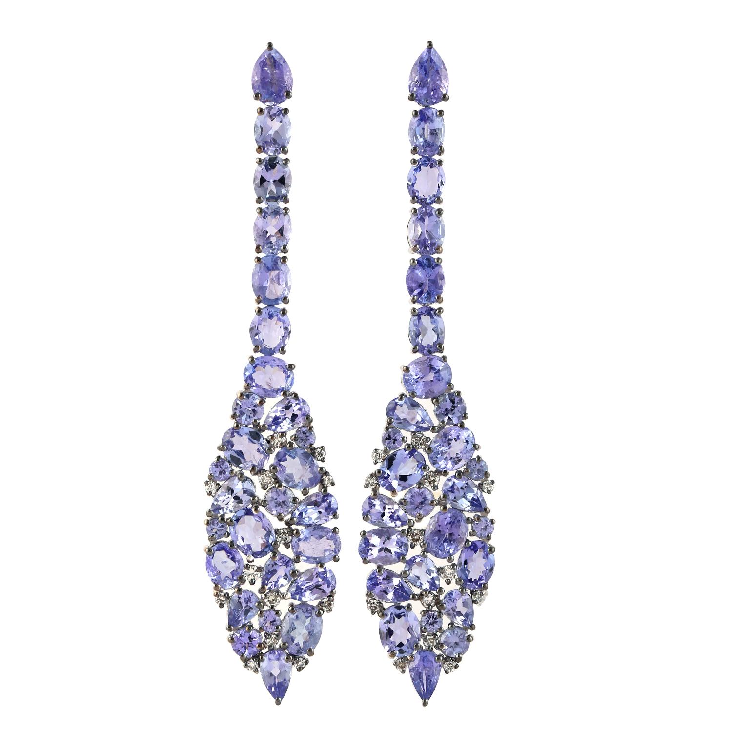 Mixed Cut Rosebud Shaped Tanzanite Earrings with Diamonds Made in 18k White Gold For Sale
