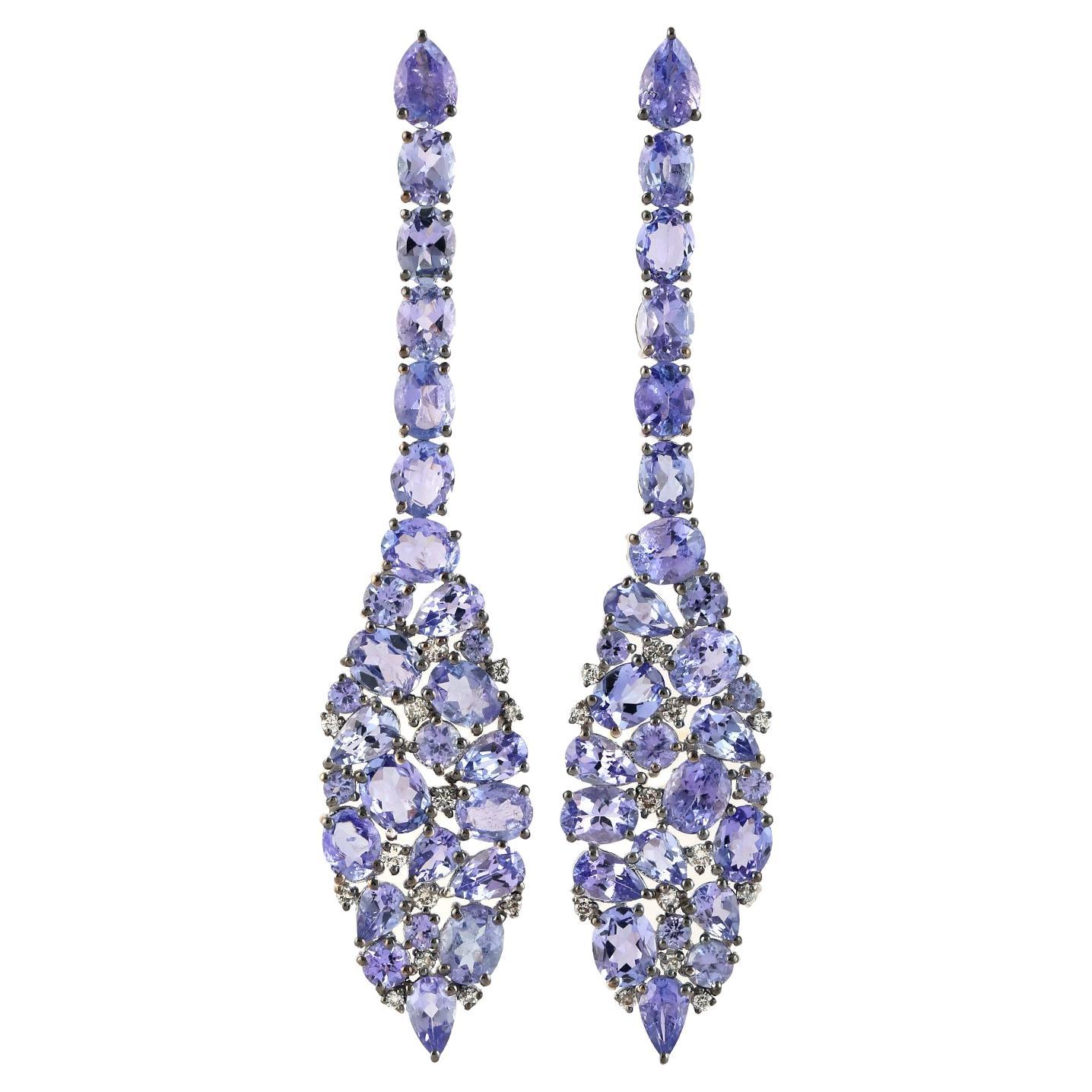 Rosebud Shaped Tanzanite Earrings with Diamonds Made in 18k White Gold