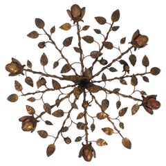 Rosebush Tree Ceiling Light Fixture / Chandelier in Gilt Iron, Spain 1950s