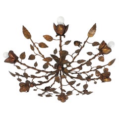 Rosebush Tree Ceiling Light Fixture / Chandelier in Gilt Iron, Spain 1950s