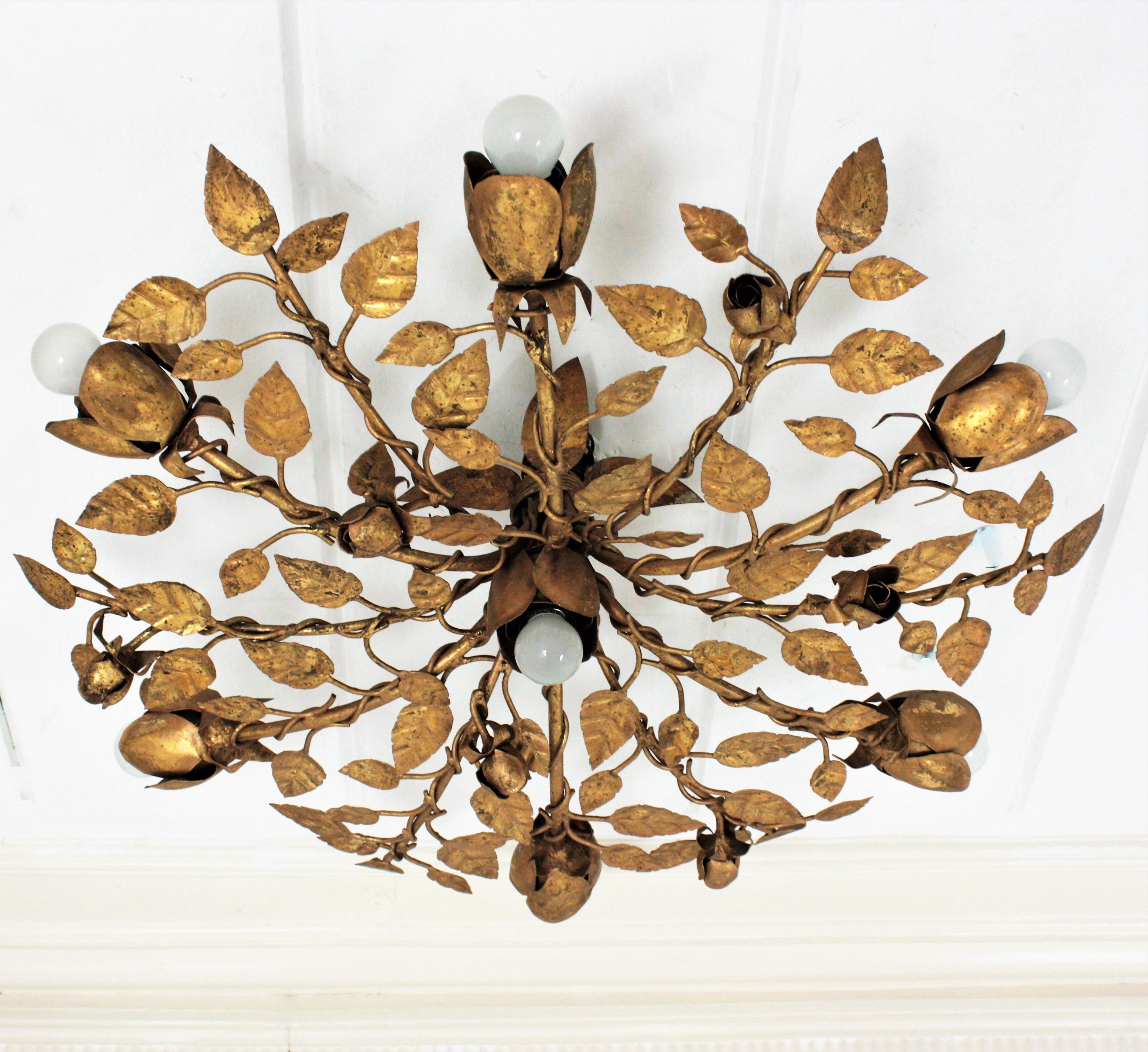 Rosebush Tree Ceiling Light Fixture or Chandelier in Gilt Iron, 1960s In Good Condition In Barcelona, ES