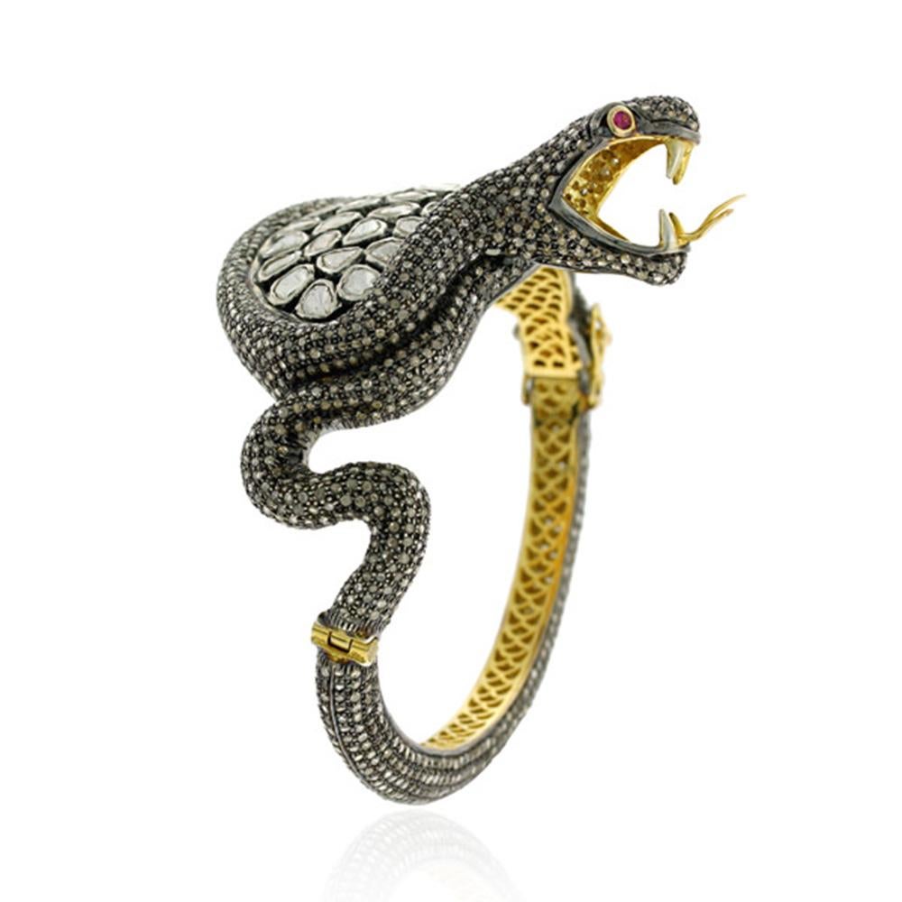 Modern Rosecut and Pave Diamond Designer Snake Cuff Bangle in Silver and 14k Gold For Sale