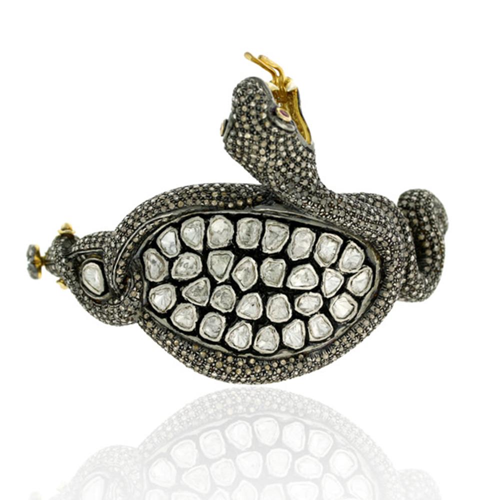 Rose Cut Rosecut and Pave Diamond Designer Snake Cuff Bangle in Silver and 14k Gold For Sale