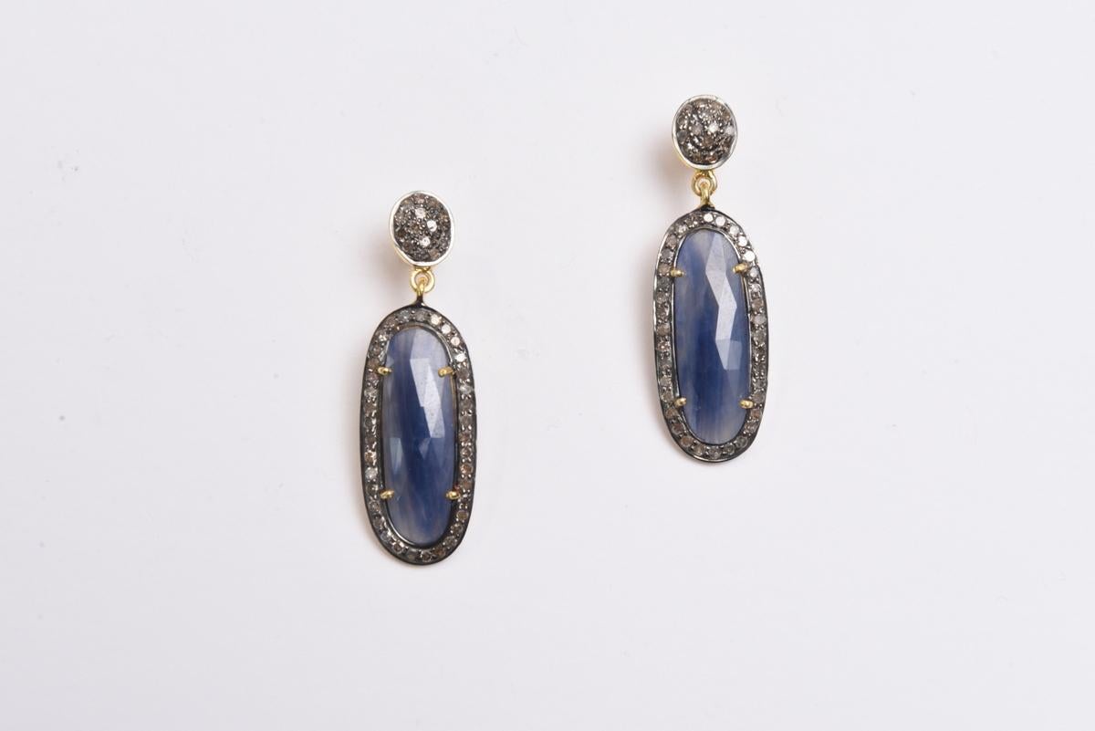 Rosecut Blue Sapphire and Diamond Earrings In Excellent Condition In Nantucket, MA