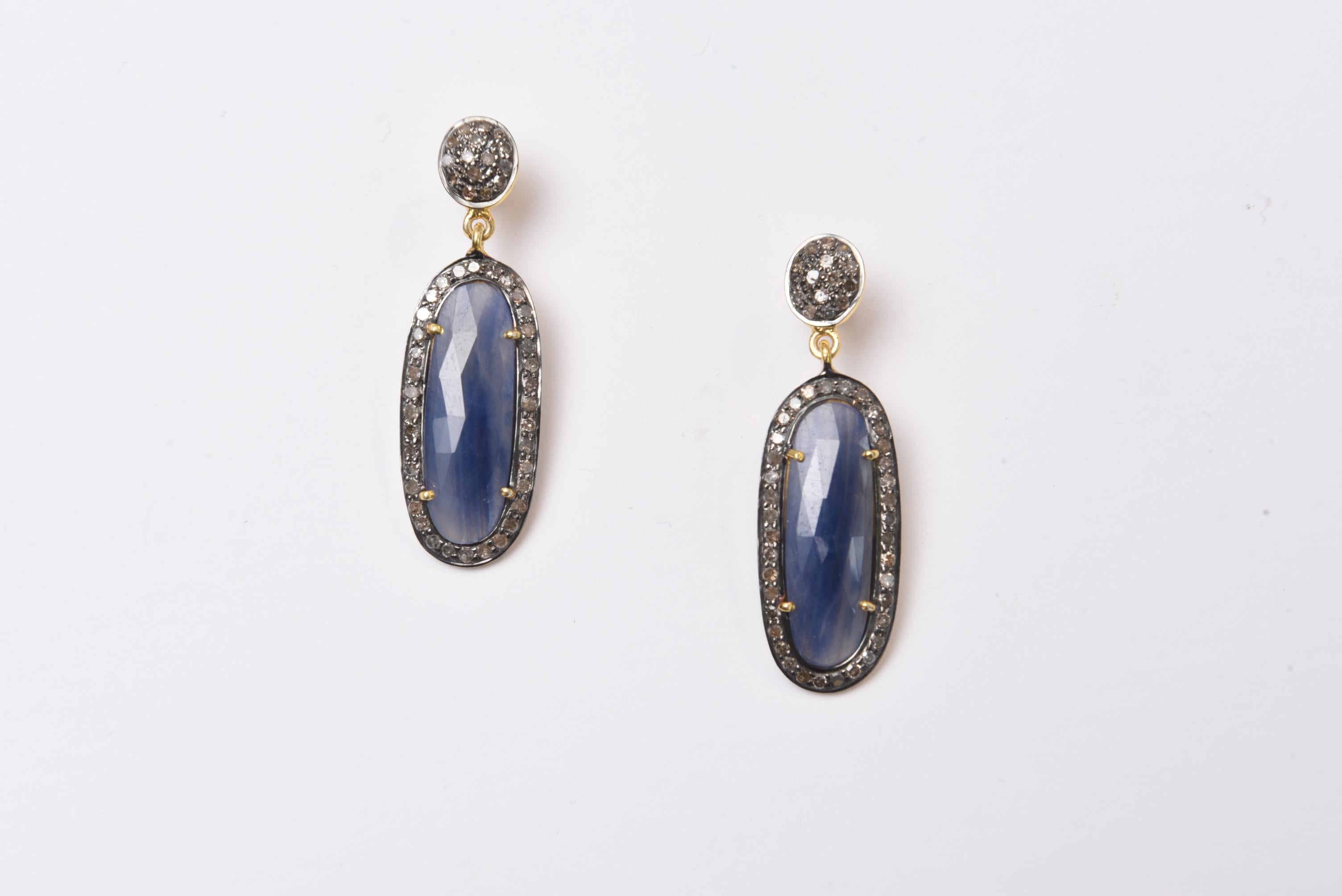 Women's or Men's Rosecut Blue Sapphire and Diamond Earrings