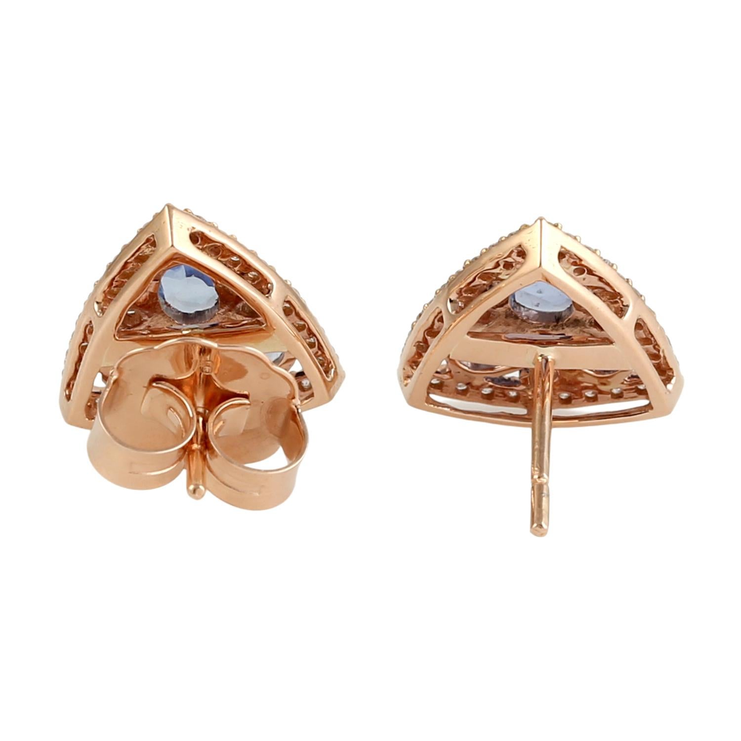 Taille mixte Boucles d'oreilles en or rose 18k avec saphir bleu Rosecut et diamants pavés en vente