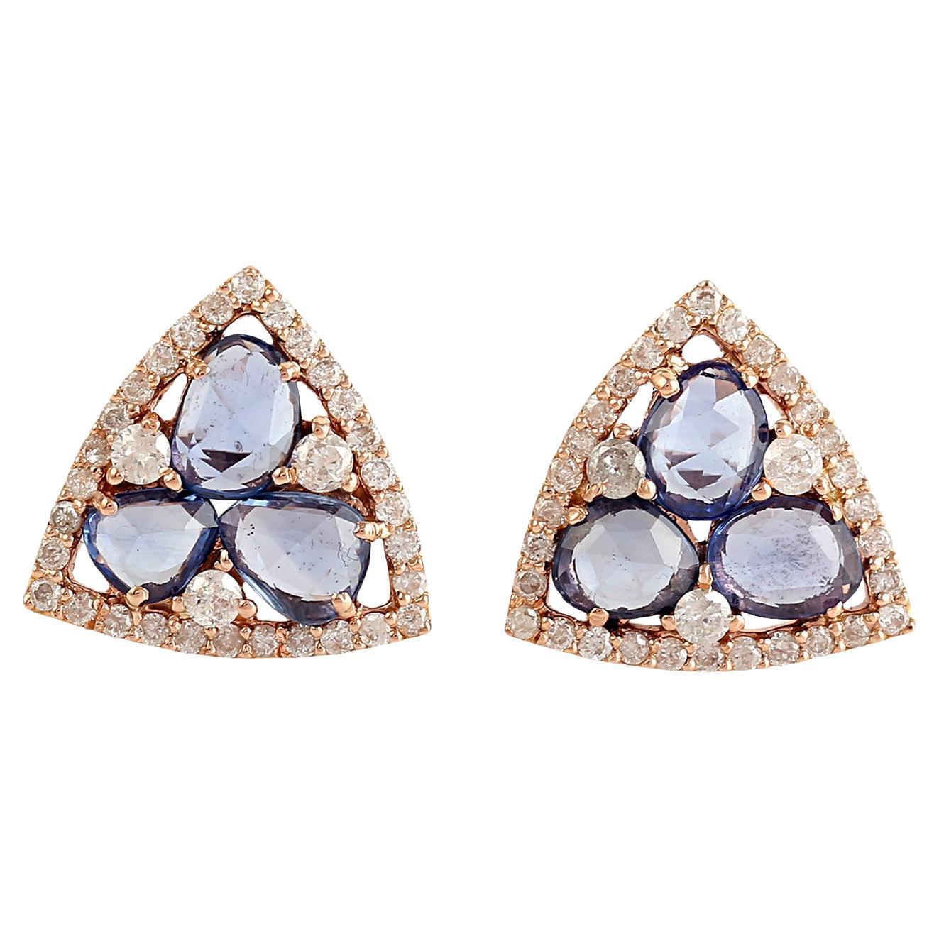 Rosecut Blue Sapphire Studs Accented With Pave Diamonds Made In 18k Rose Gold