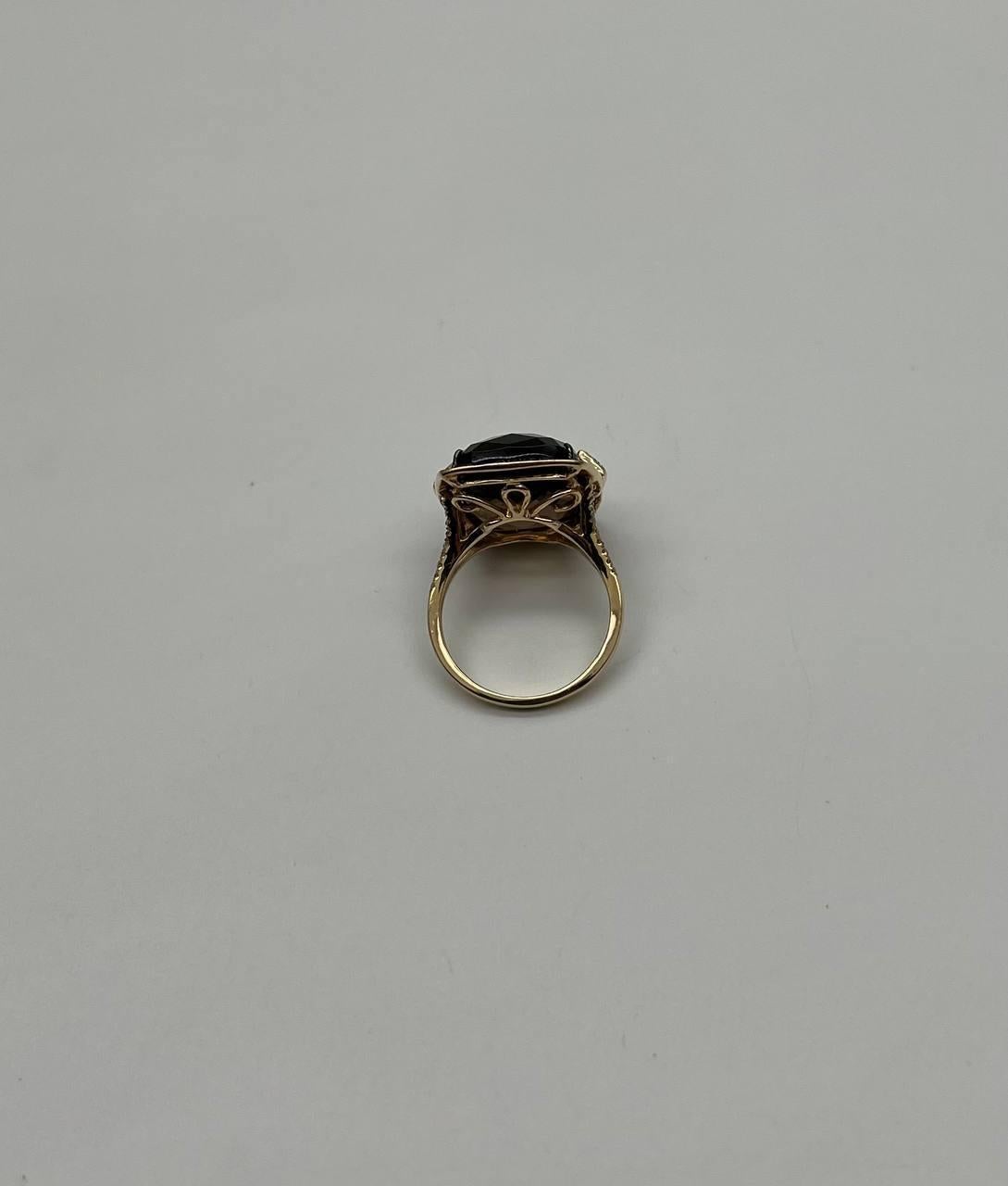 Rosecut Brown Smokey Quartz Black Diamonds Pave Set 14K Gold Statement Ring For Sale 5