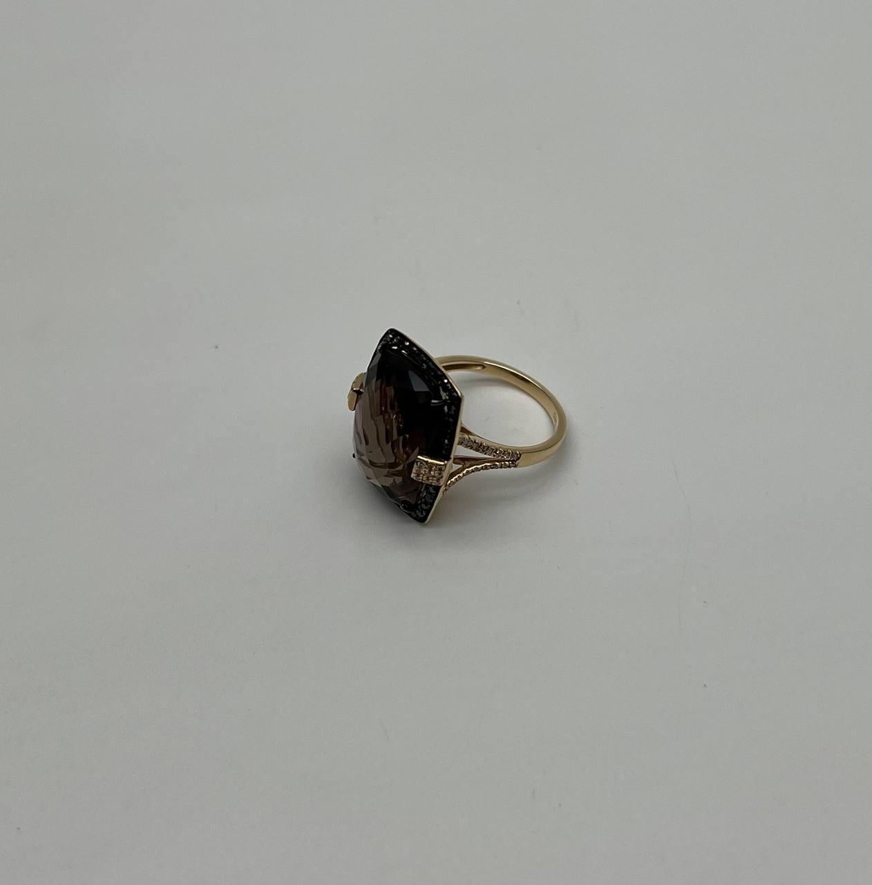 Rosecut Brown Smokey Quartz Black Diamonds Pave Set 14K Gold Statement Ring For Sale 6