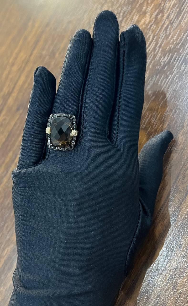 Rosecut Brown Smokey Quartz Black Diamonds Pave Set 14K Gold Statement Ring For Sale 7