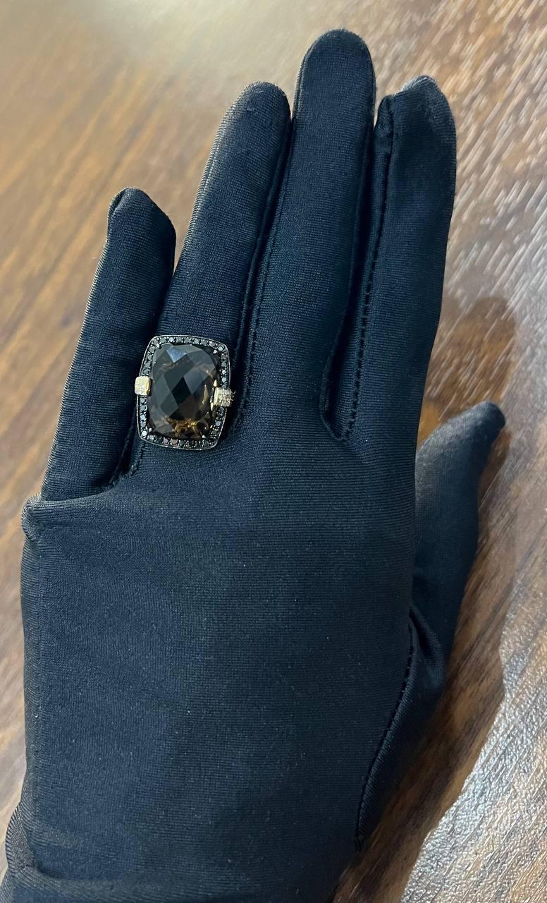 Rosecut Brown Smokey Quartz Black Diamonds Pave Set 14K Gold Statement Ring For Sale 8
