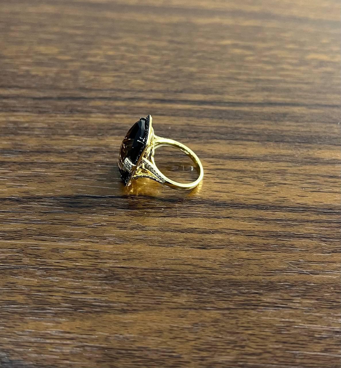 Women's Rosecut Brown Smokey Quartz Black Diamonds Pave Set 14K Gold Statement Ring For Sale