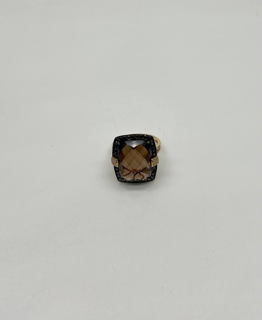 Rosecut Brown Smokey Quartz Black Diamonds Pave Set 14K Gold Statement Ring For Sale 1