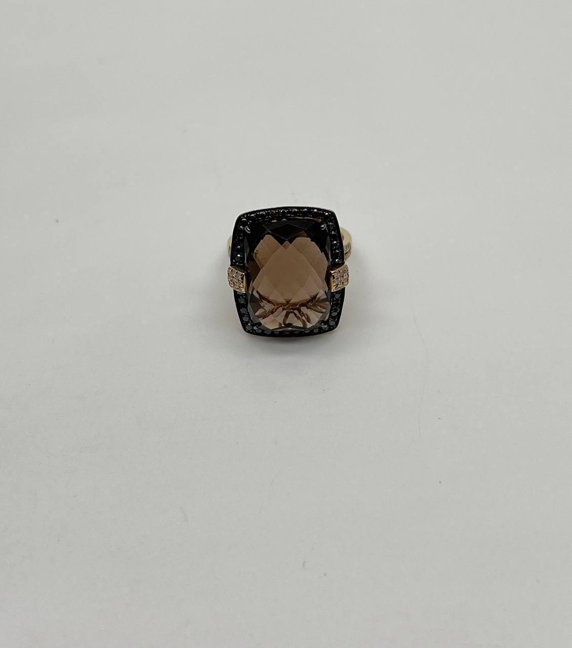 Rosecut Brown Smokey Quartz Black Diamonds Pave Set 14K Gold Statement Ring For Sale 2