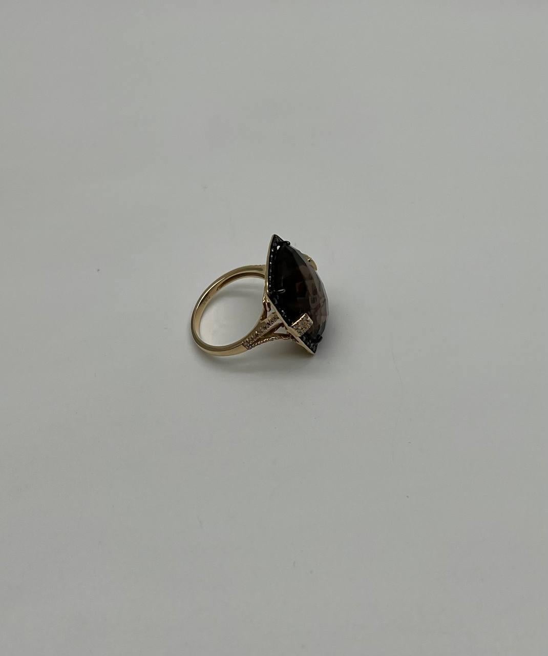 Rosecut Brown Smokey Quartz Black Diamonds Pave Set 14K Gold Statement Ring For Sale 3