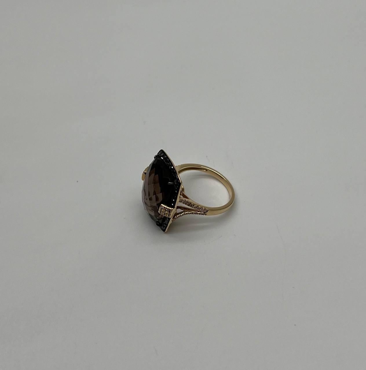 Rosecut Brown Smokey Quartz Black Diamonds Pave Set 14K Gold Statement Ring For Sale 4