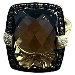 Rosecut Brown Smokey Quartz Black Diamonds Pave Set 14K Gold Statement Ring
