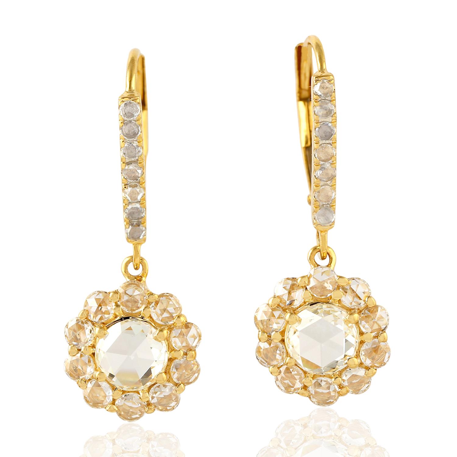 Modern Rose Cut Diamond 18 Karat Gold Earrings For Sale