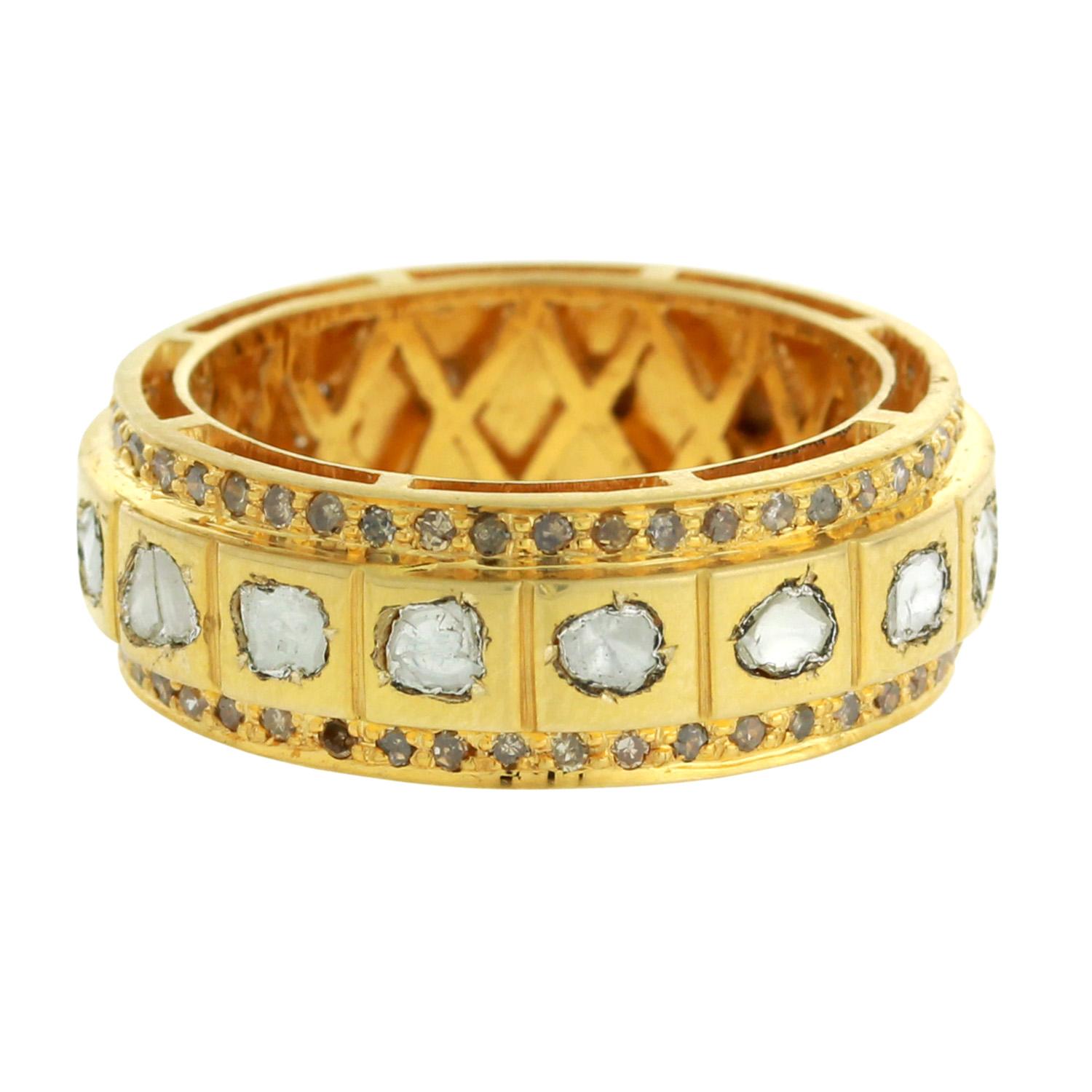 Mixed Cut Rosecut Diamond Band Ring With Filigree Work On Interior Made In 18k Yellow Gold For Sale