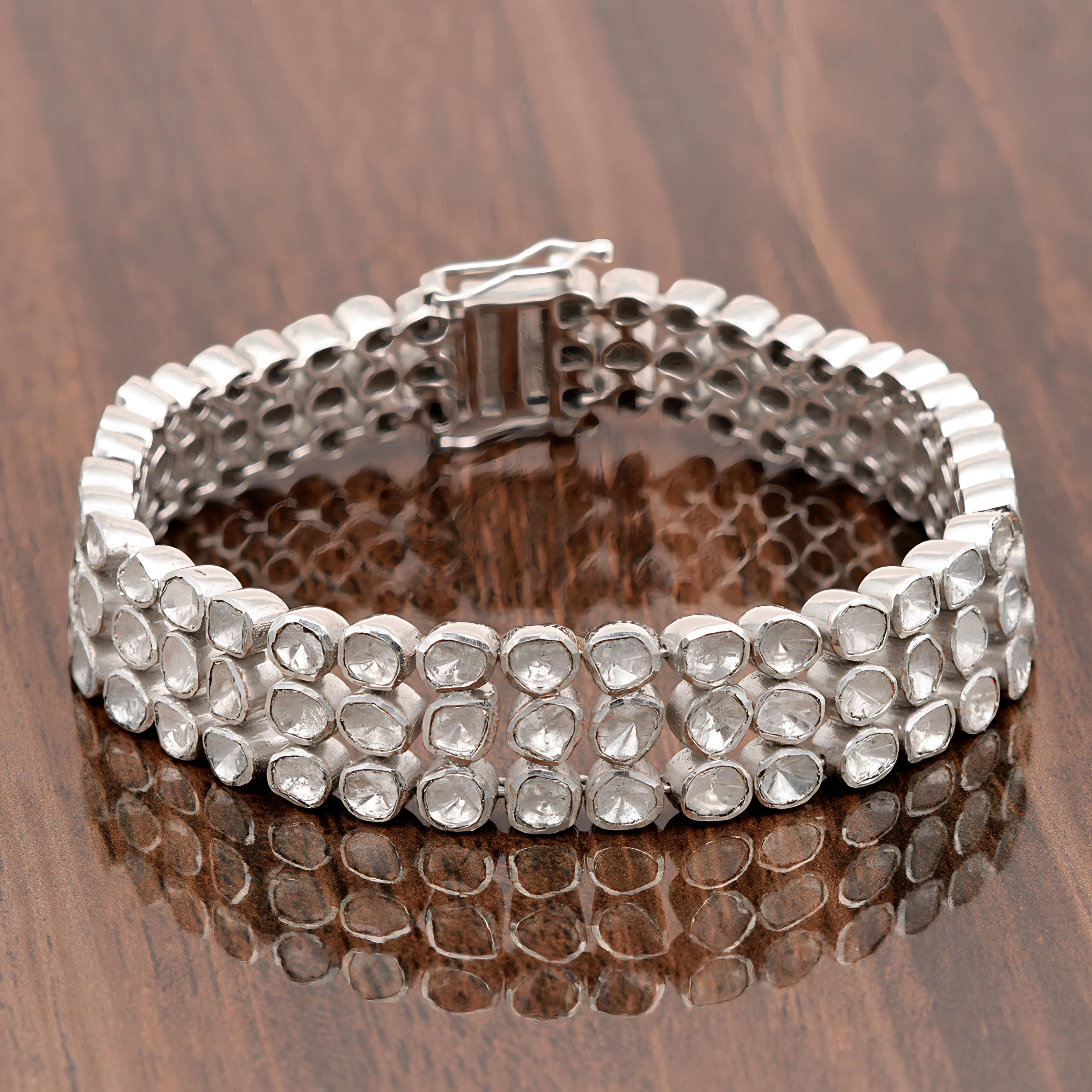 Rosecut Diamond Bangle 925 Silver Polki Diamond Bangle Oval Shape Clasps Bangle. For Sale 9