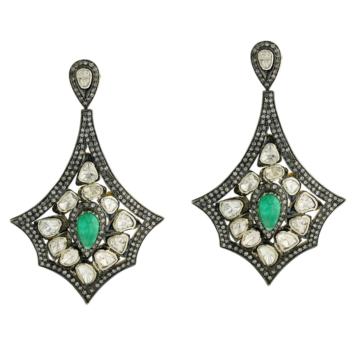 Rosecut Diamond Emerald Silver and Gold Earring