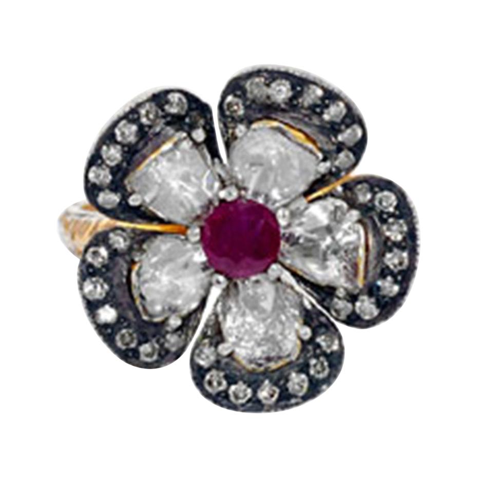 Rosecut Diamond Flower Ring with Ruby in Gold and Silver