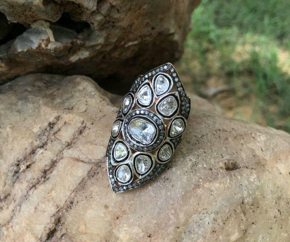 Uncut Rosecut Diamond polki Ring 925 Silver Diamond Ring For Wedding Gift For Sale