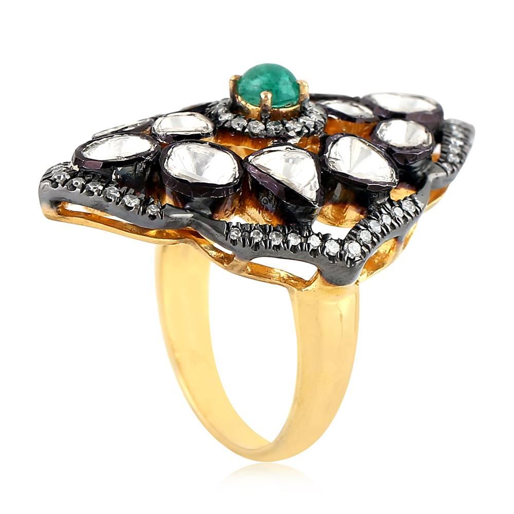 Rose-Cut Diamond Ring with Emeralds In New Condition In New York, NY